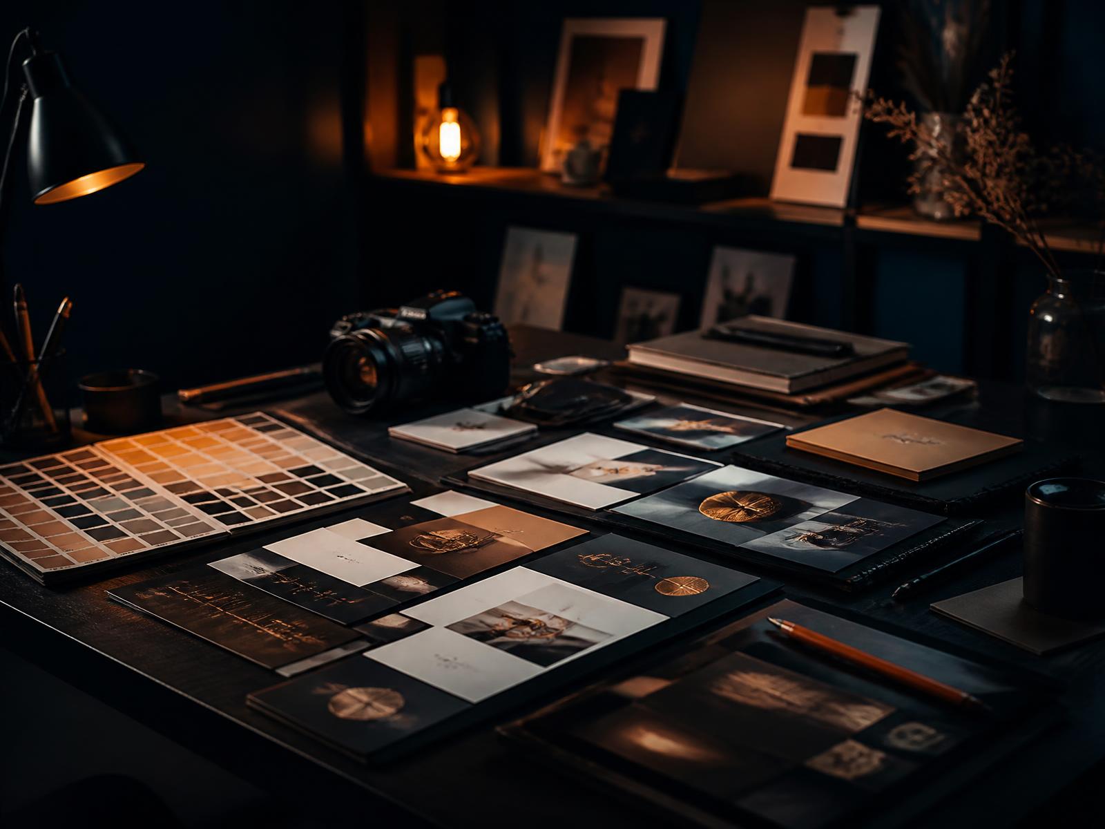 Festworld design studio desk with colour swatches, camera and printed brand samples
